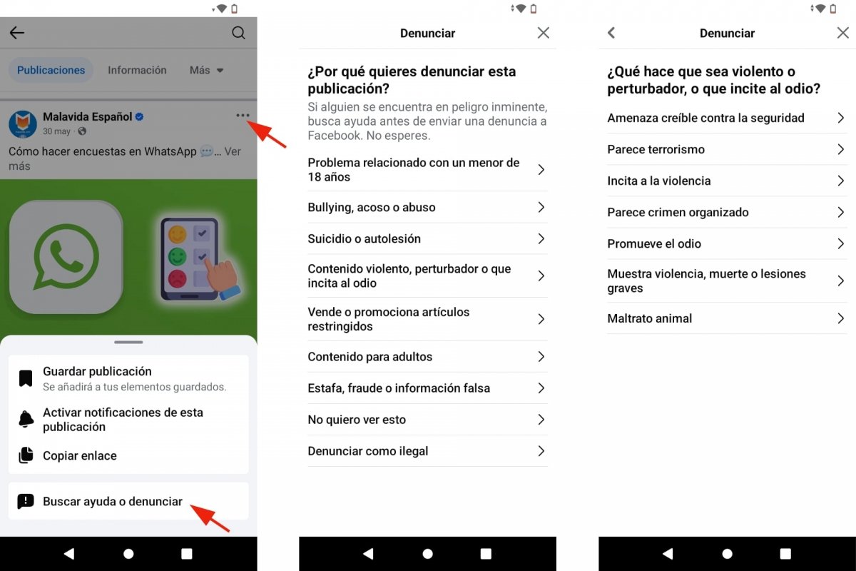 Denunciar publicaciones de Facebook