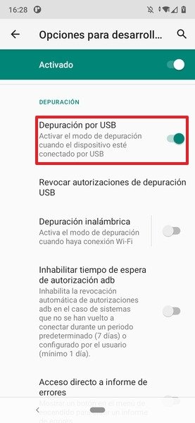 Depuración por USB activada en Android