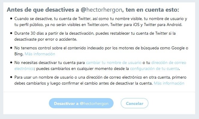 Desactivación de cuenta en Twitter