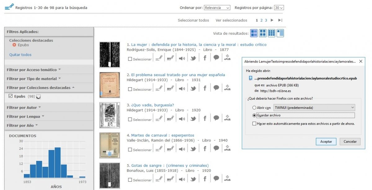 Descarga de un libro ePub desde la Bilblioteca Nacional Digital