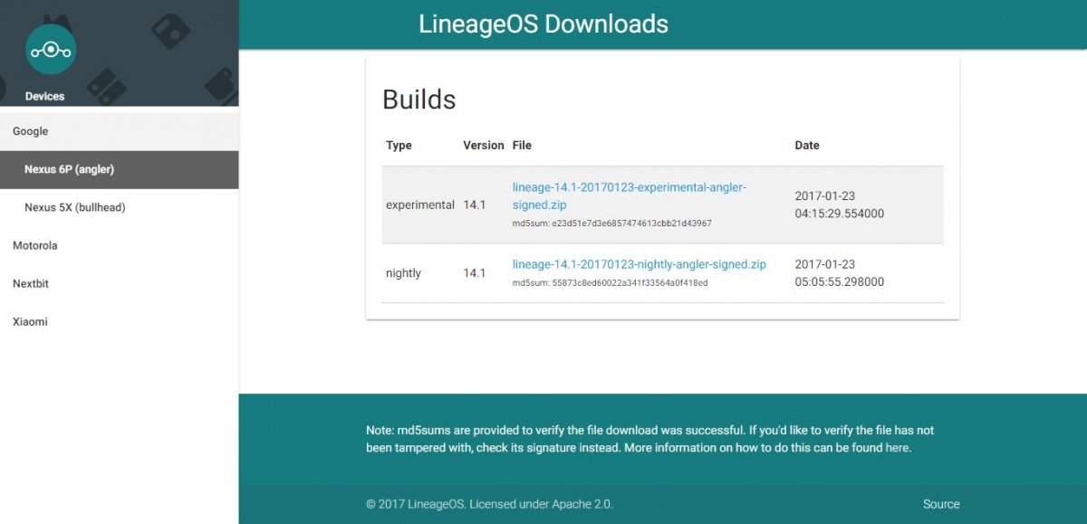 Descargas de las ROM de LineageOS desde la web oficial