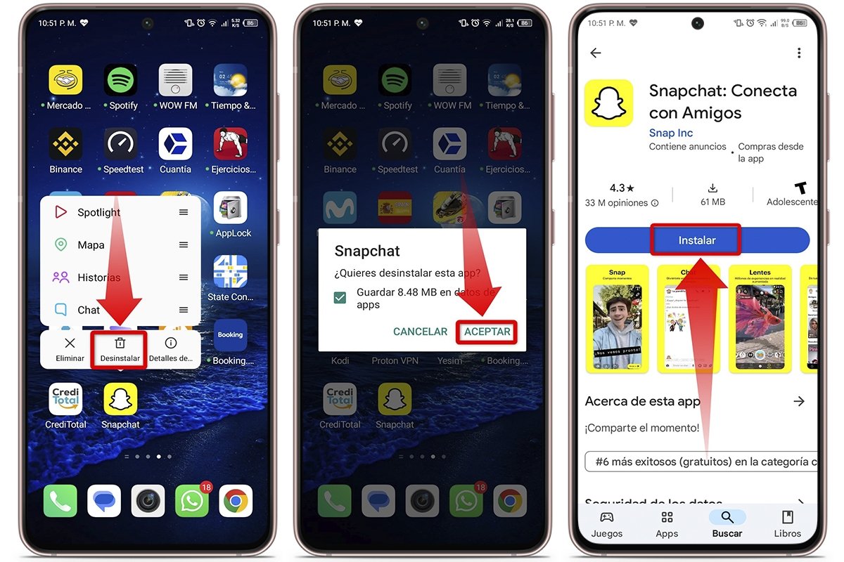 Desinstala y vuelve a instalar la app de Snapchat