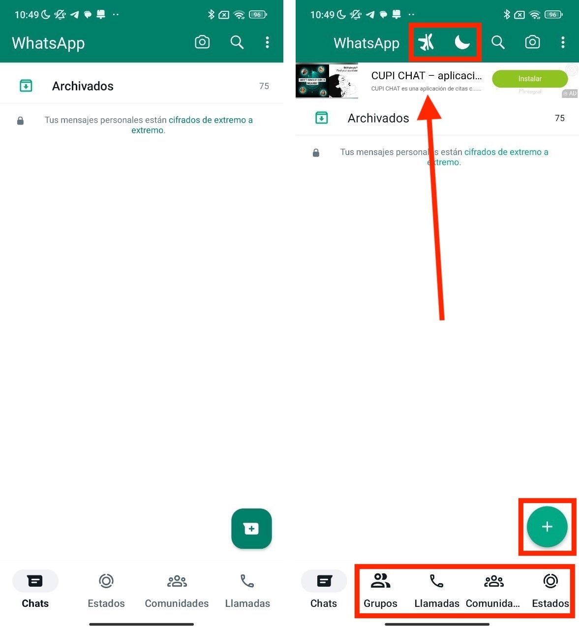 Diferencias en la pantalla principal entre WhatsApp y WhatsApp Plus