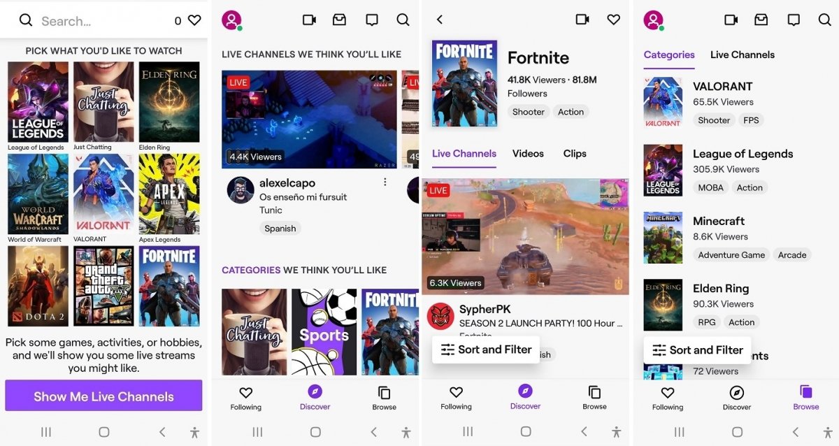 Diferentes categorías y canales en vivo en Twitch