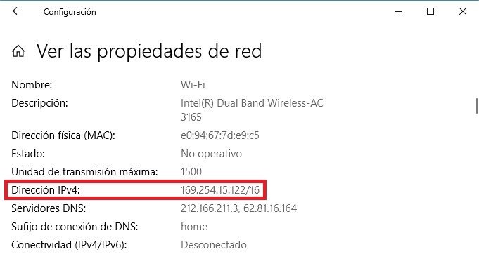 Dirección IPv4 del equipo conectado