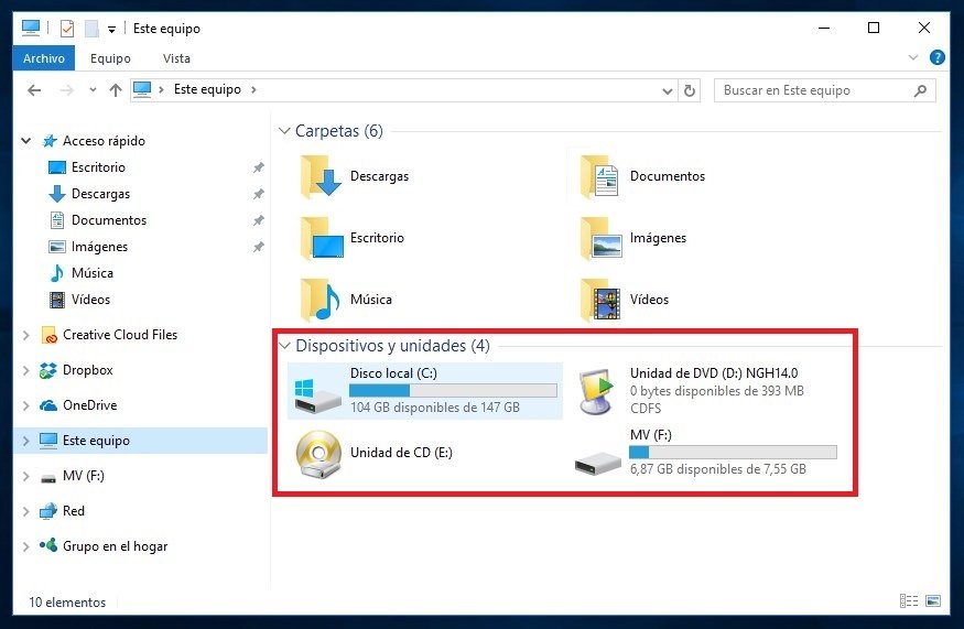 Dispositivos y unidades en Windows 10