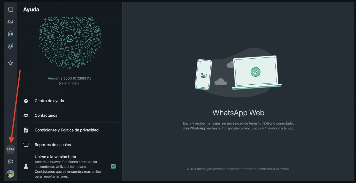 Distintivo de la app web de WhatsApp que te recuerda que tienes la beta activada