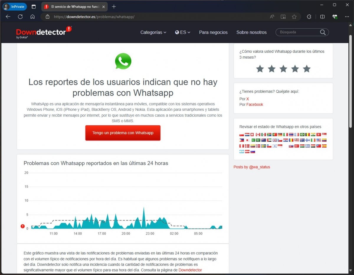 DownDetector es un chivato que te informa cuando hay problemas en una plataforma como WhatsApp