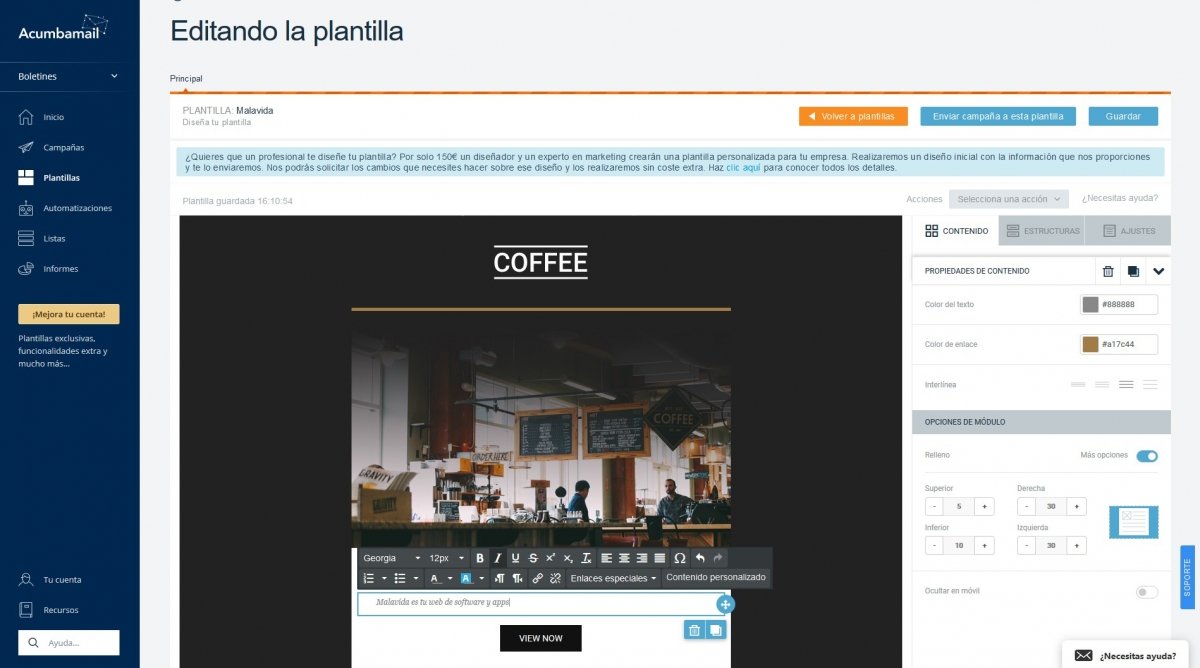 Edición de la plantilla de un correo de Acumbamail