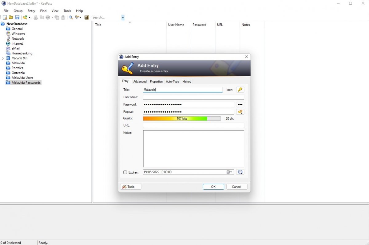 Editamos el registro con los datos de acceso, incluyendo contraseña, en Keepass Pasword