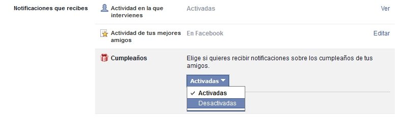 Editando las notificaciones de Facebook podremos desactivar los cumpleaños
