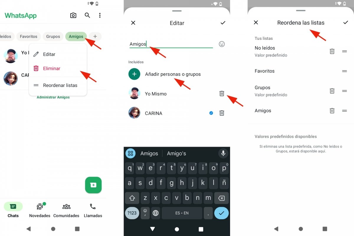 Editar, eliminar o reordenar listas de chats en WhatsApp