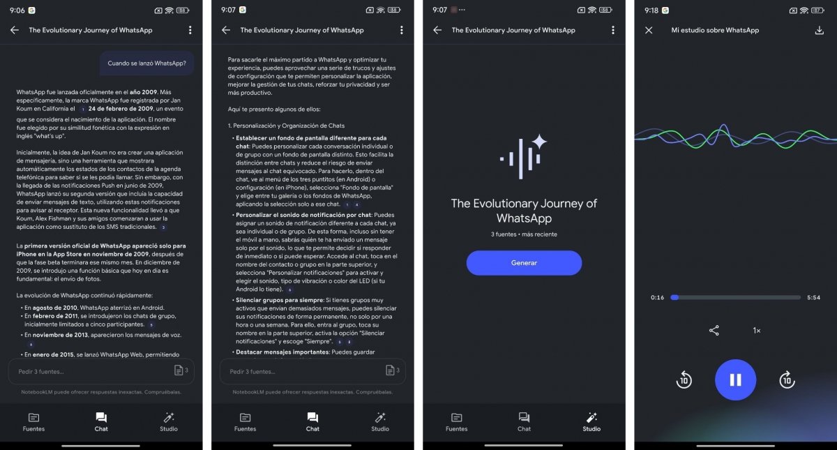 Ejemplos de uso de NotebookLM, incluyendo su función para crear podcasts a partir de las fuentes