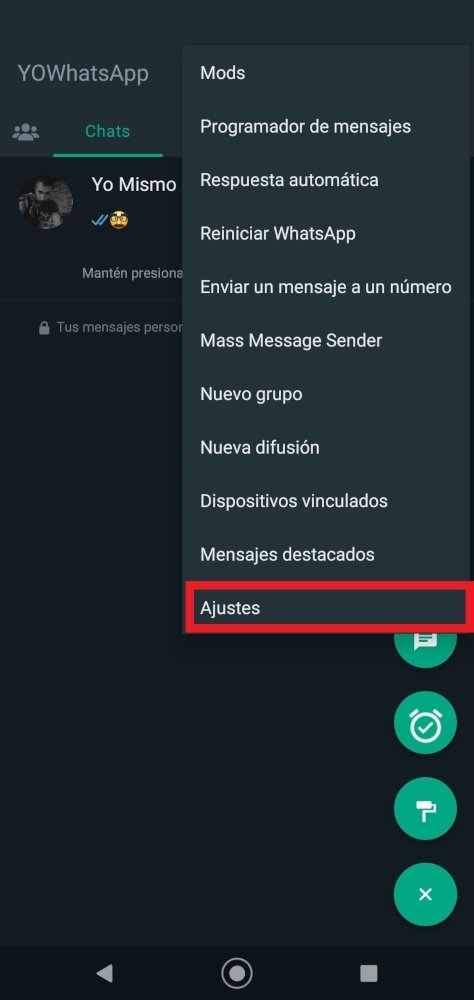 El acceso al menú Ajustes en YOWhatsApp