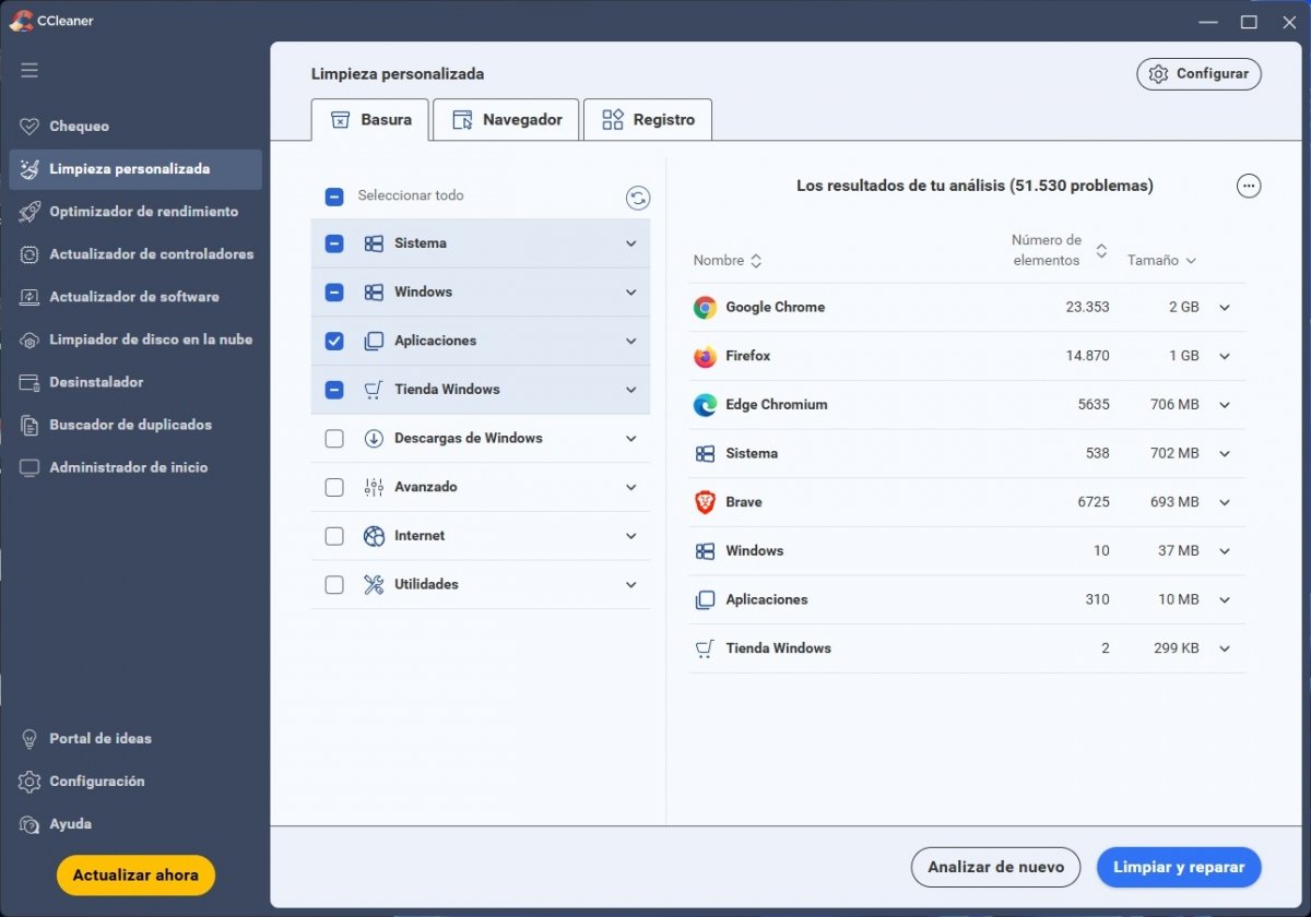 El apartado de Limpieza personalizada te permite decidir qué se va a eliminar