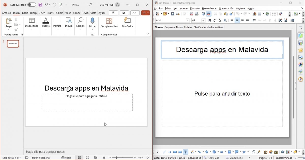 El aspecto de Microsoft PowerPoint junto al de OpenOffice Impress