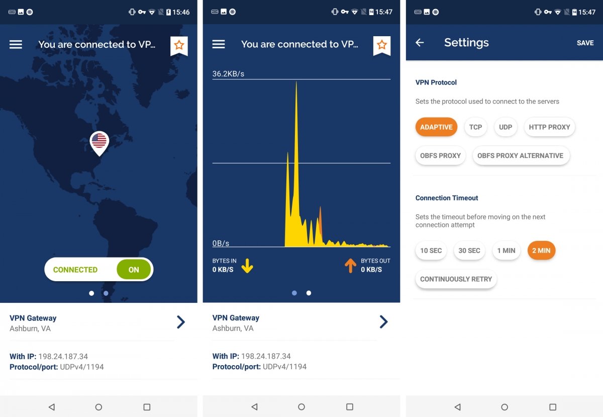 El aspecto de Private Tunnel para Android