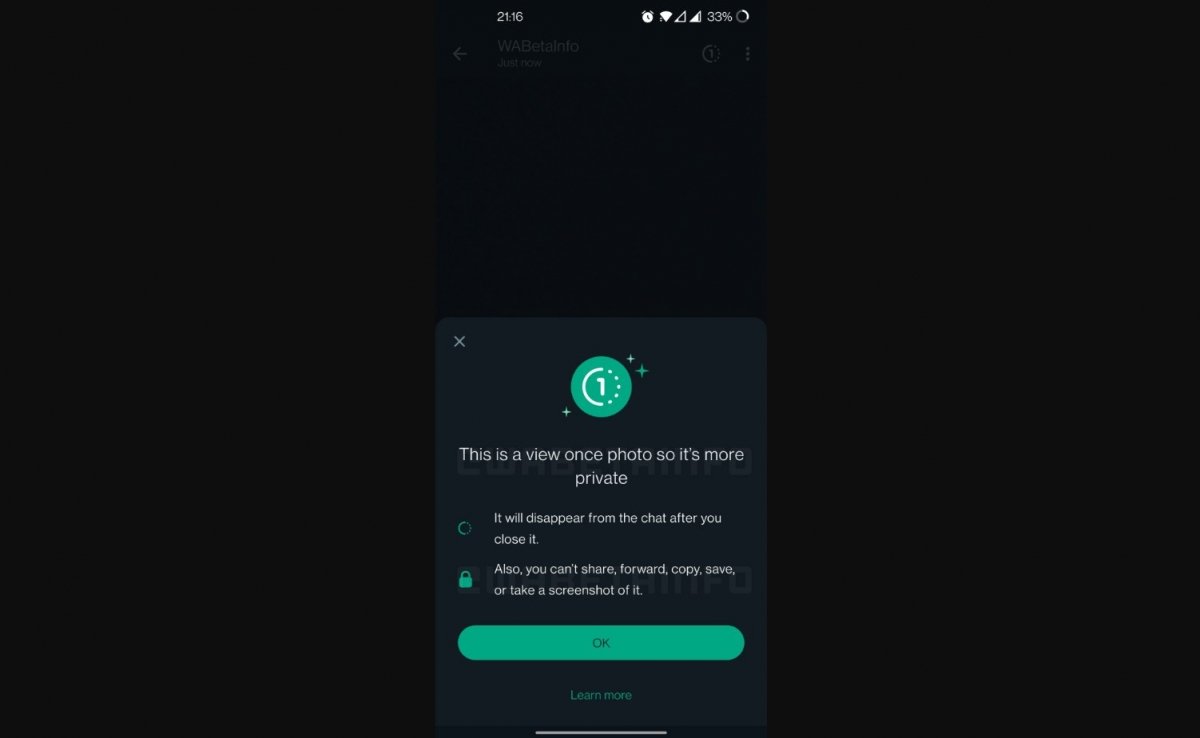 El mensaje de WhatsApp que anuncia que no se puede hacer una captura de pantalla de una foto o vídeo