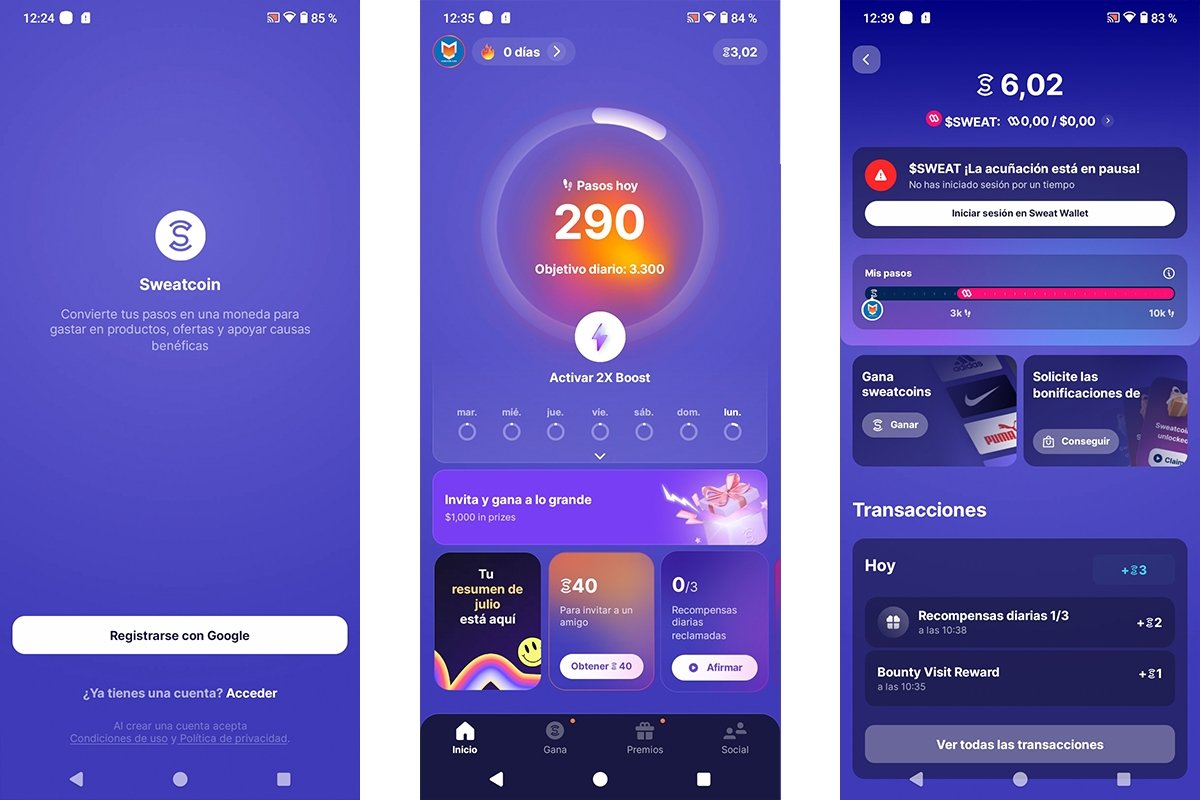 El menú principal de Sweatcoin nos da acceso a todas las funciones para conseguir recompensas en la app