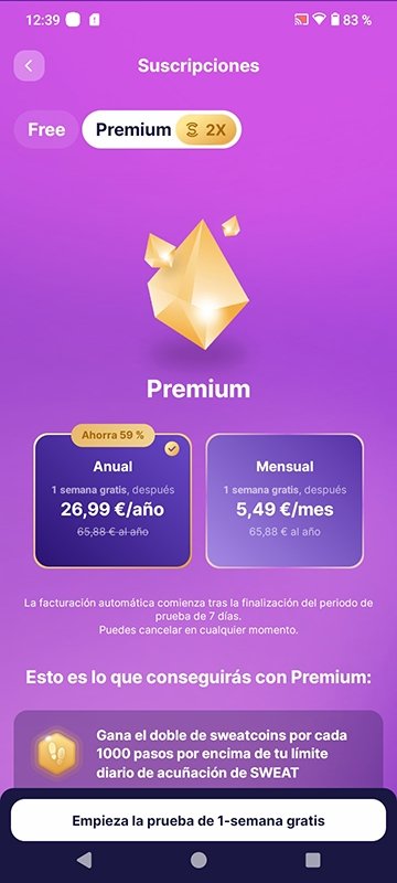 El plan Premium de Sweatcoin multiplica los pasos diarios del usuario, entre otras ventajas exclusivas