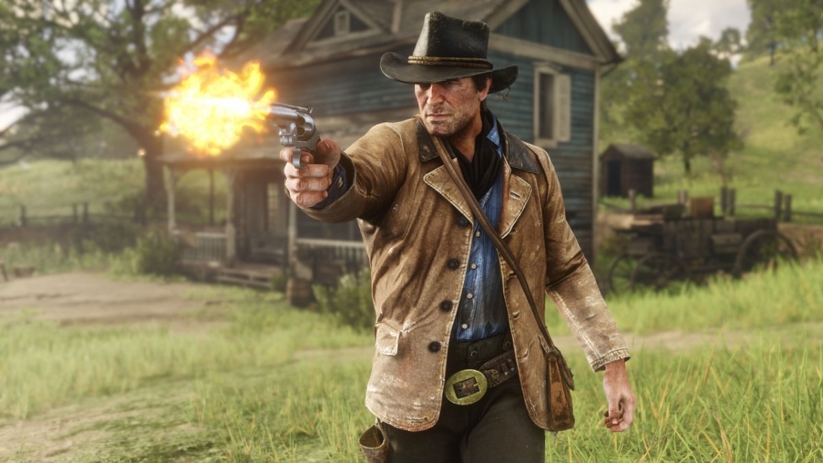The protagonist of Red Dead Redemption 2 firing his gun