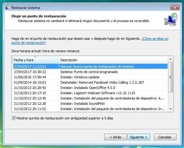 Elección del punto de restauración de Windows Vista