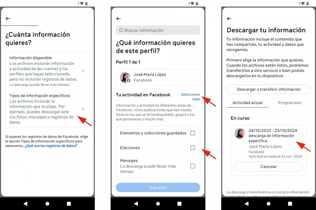 Elegir datos a descargar de Facebook