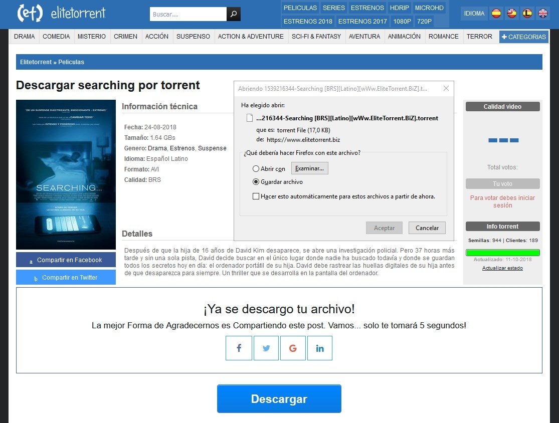 EliteTorrent ofrece torrents en español y latino