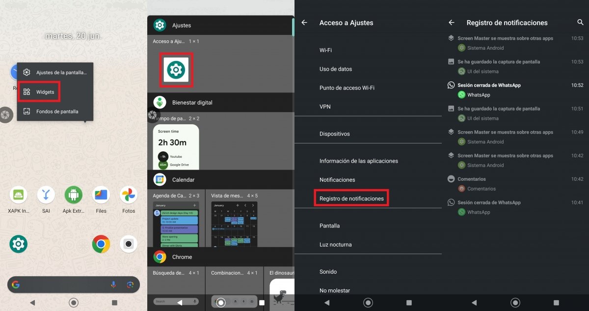En Android 10 y versiones inferiores podemos usar un widget para recuperar las notificaciones
