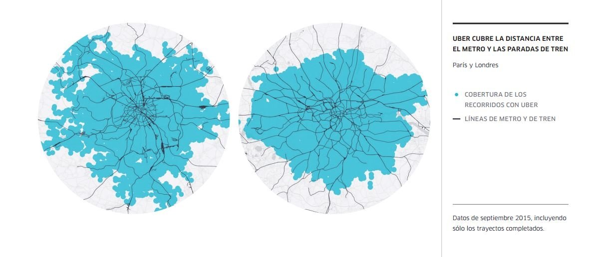 En azul las áreas cubiertas por Uber y en negro las líneas de transporte; mapas de París y Londres