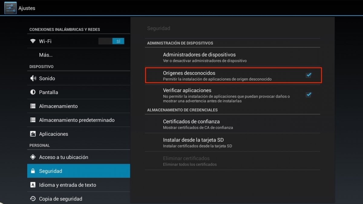 En primer lugar habilitamos la instalación desde orígenes desconocidos