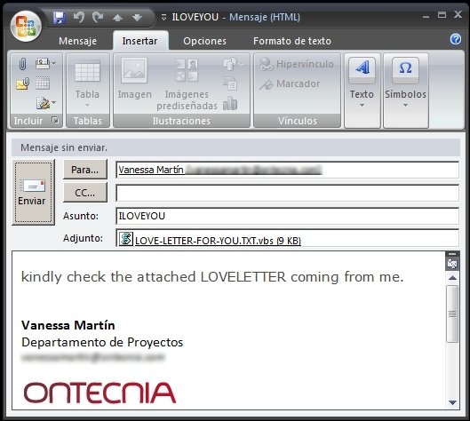 Envío del virus ILoveYou a través de Microsoft Outlook