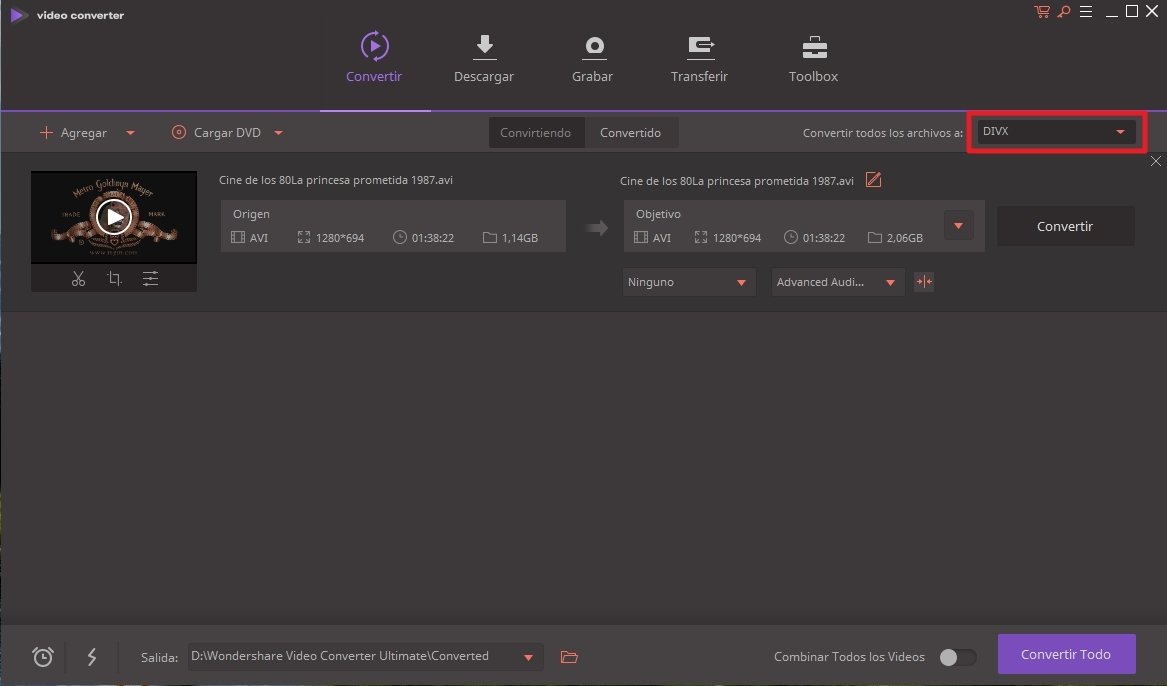 Es importante fijar DIVX como formato de salida