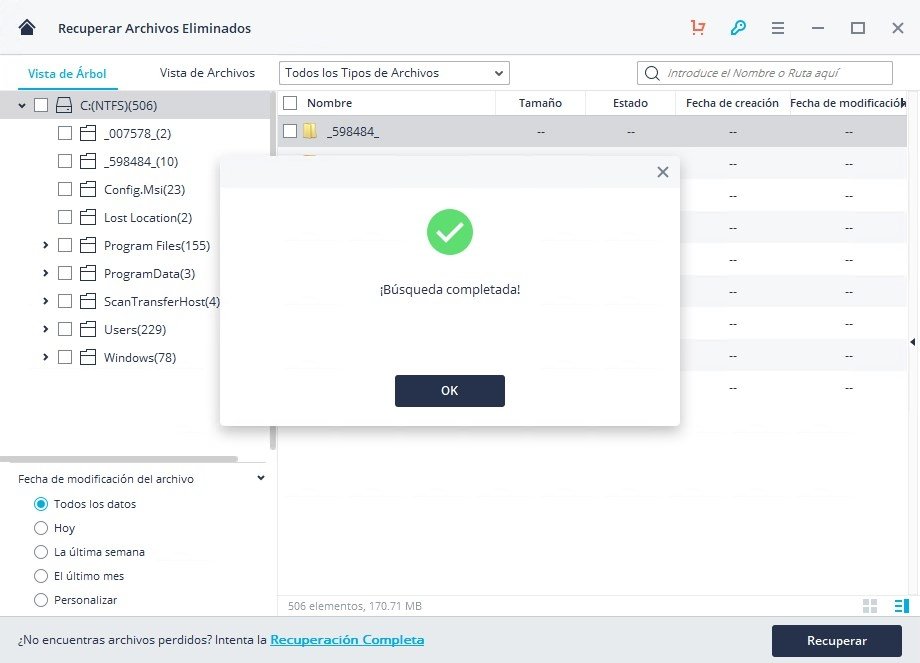 Escaneado de archivos completado en Recoverit