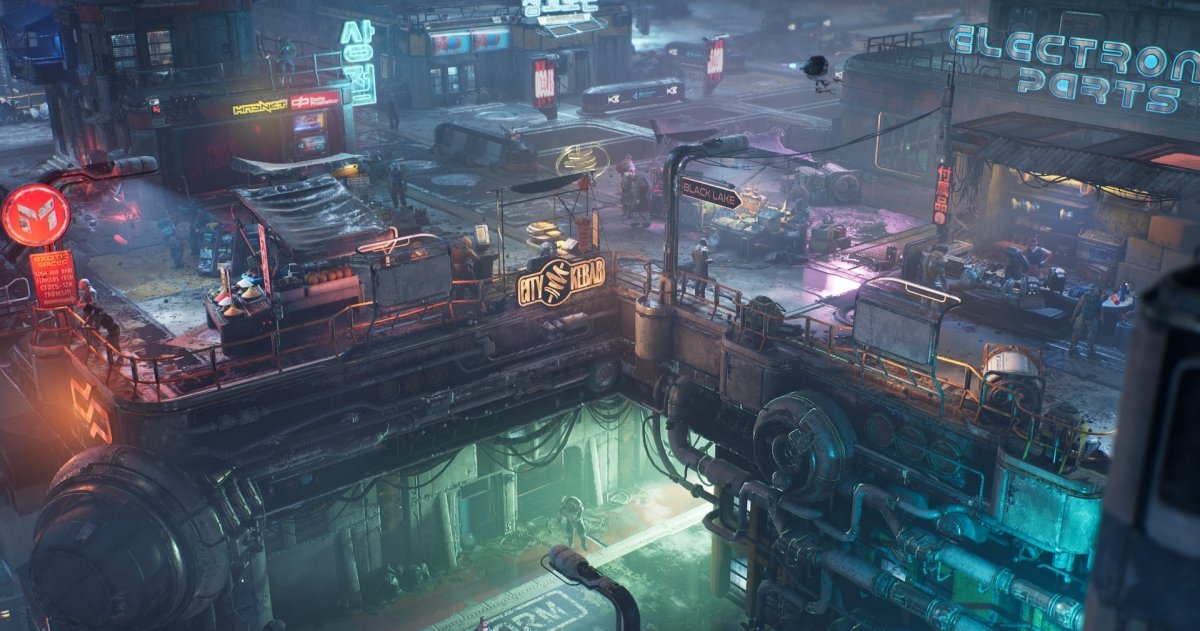 Escena cyberpunk de The Ascent