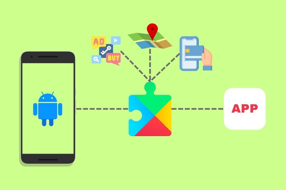 Esquema simplificado de cómo los Servicios de Google Play actúan de nexo de unión entre las apps y Android
