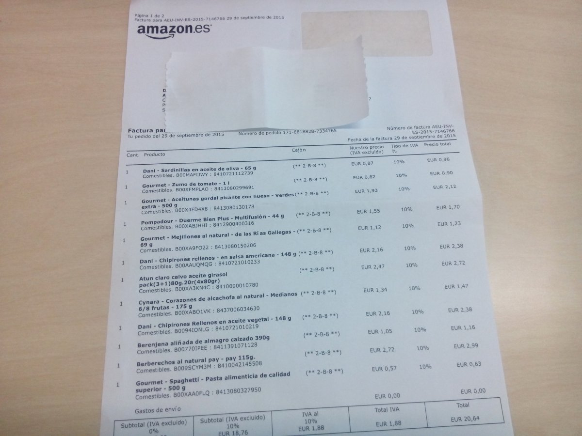 Ésta es la factura del pedido a Amazon