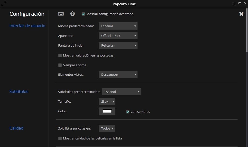 Establecer configuración avanzada en Popcorn Time