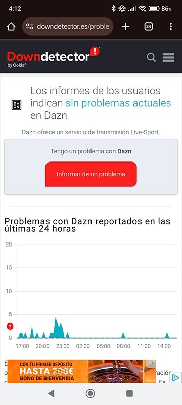 Estado del servicio en DAZN en la página web Downdetector