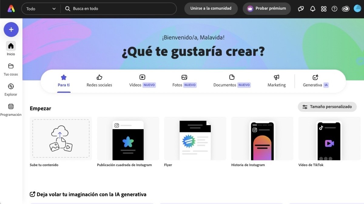 Este es el aspecto de Adobe Express en la web