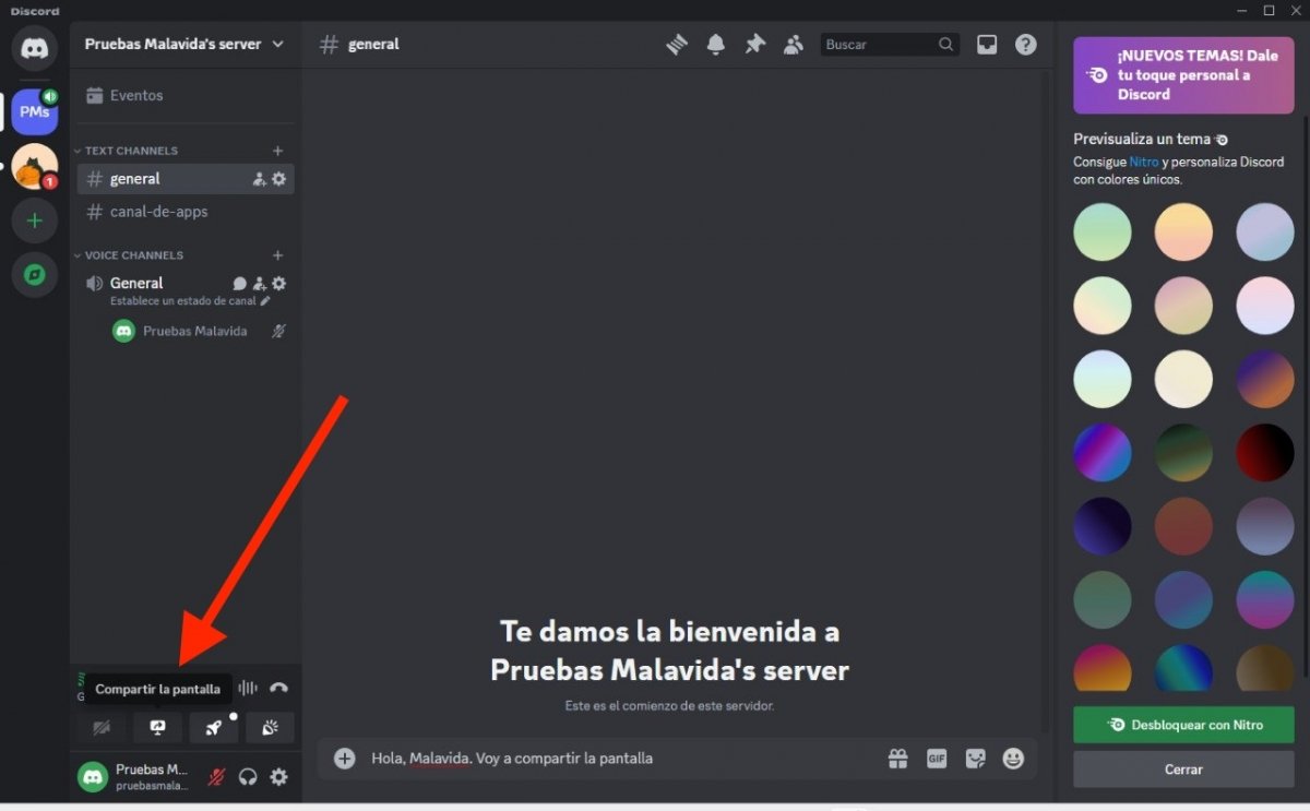 Este es el botón para compartir pantalla en Discord desde tu PC