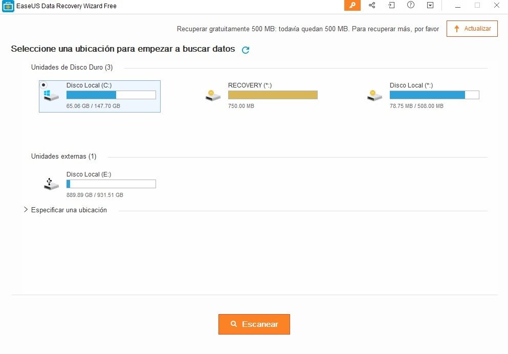 Este es el panel de control principal de EaseUS Data Recovery Wizard Profesional