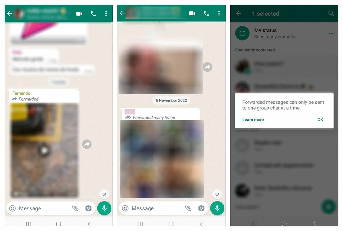Estos son los distintos mensajes que podemos ver al reenviar un mensaje en WhatsApp