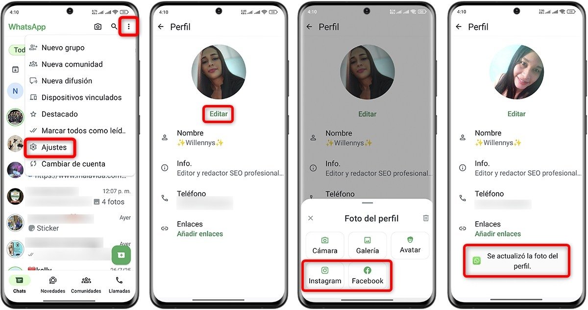 Estos son los pasos para poner tu foto de perfil de Instagram o Facebook en WhatsApp