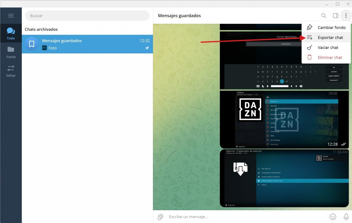 Exportar un chat desde la app de Telegram en Windows