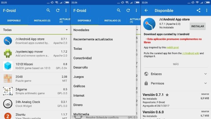 F-Droid se caracteriza por ofrecer pocos menús, por lo que será difícil perderse