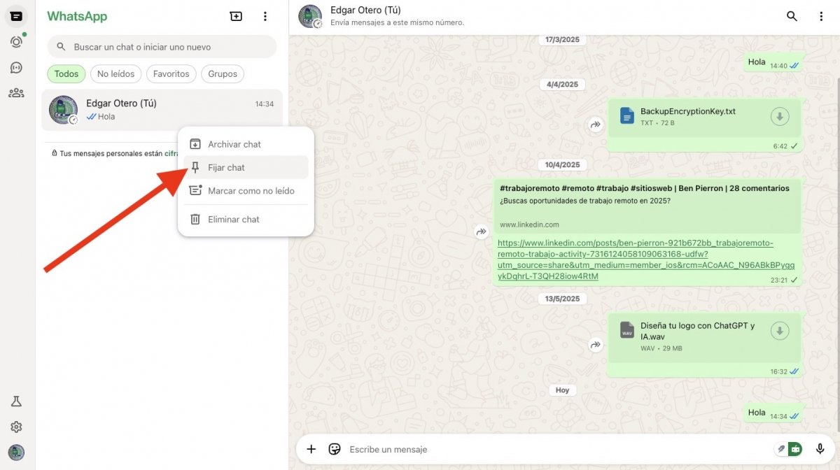 Fijar un chat en WhatsApp Web