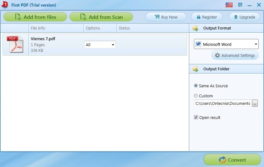 First PDF no destaca por su diseño pero cumple con su objetivo: convertir PDF a DOCX