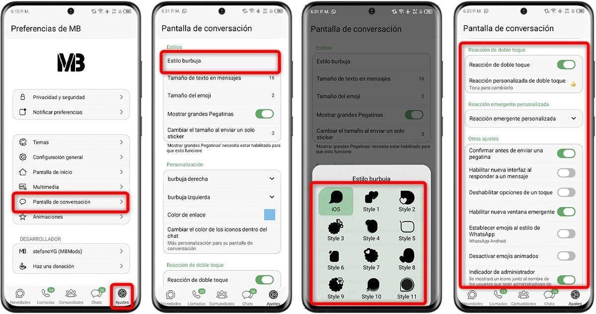 Formas de personalizar la barra inferior y las burbujas de mensajes en MBWhatsApp