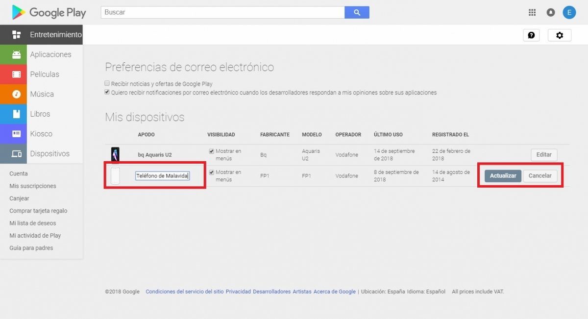 Función para cambiar el apodo de un dispositivo móvil en Google Play